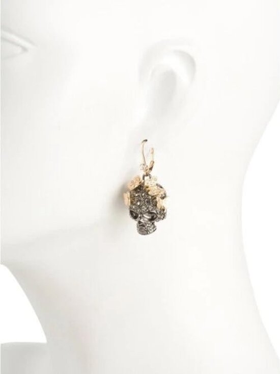 Betsey Johnson Skull Dangle Earrings, Gold Tone and Gunmetal with Crystal - Picture 2 of 3